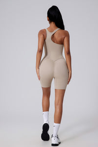 Women Asymmetric Back Cutout Ruching Butt-Lift Yoga Dance Built-In Shorts Bodysuit