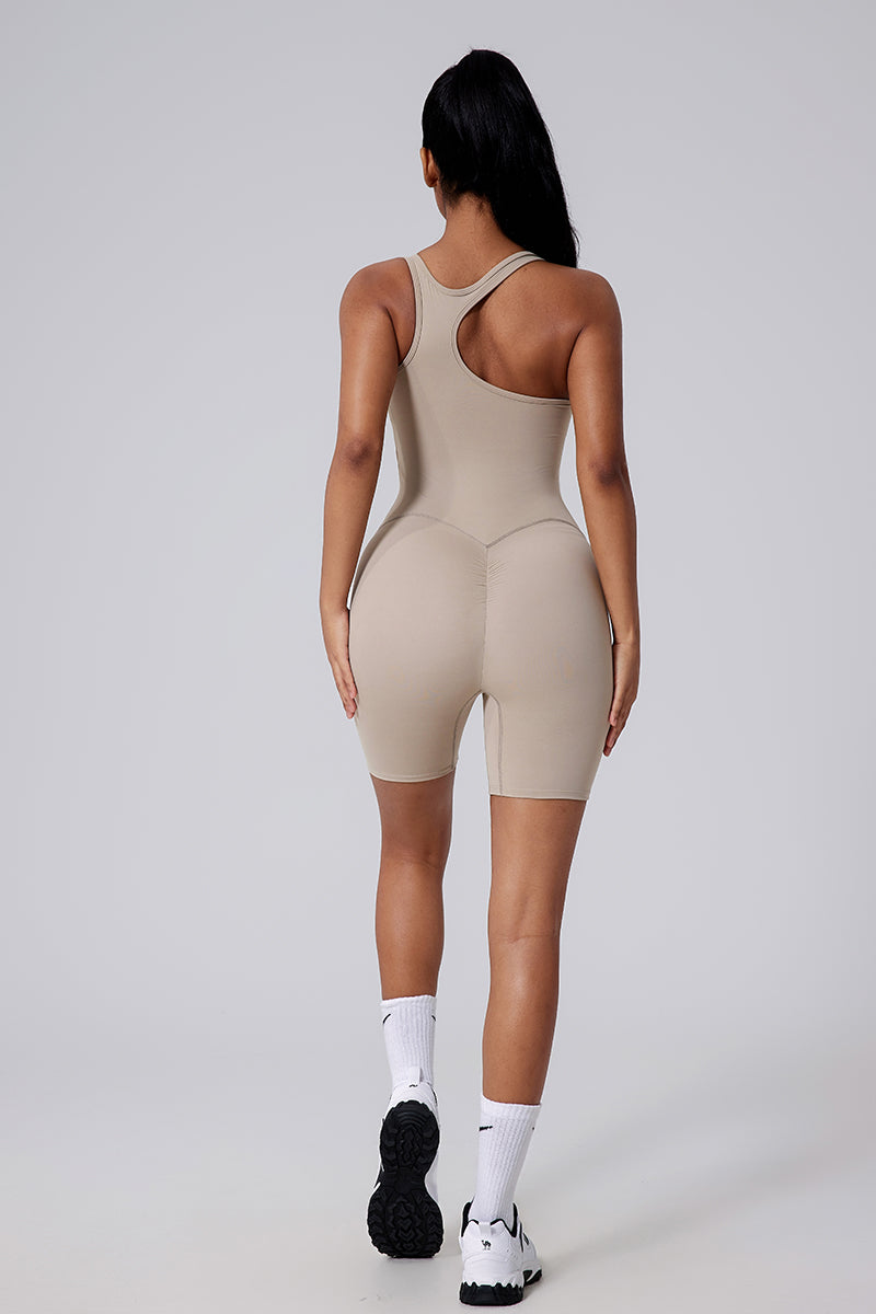 Women Asymmetric Back Cutout Ruching Butt-Lift Yoga Dance Built-In Shorts Bodysuit