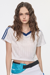 Women’s Cropped Color Block Striped Polo V-Neck  T-Shirt