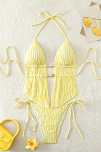 Women's Textured Halter Deep V Drawstring Bikini Set