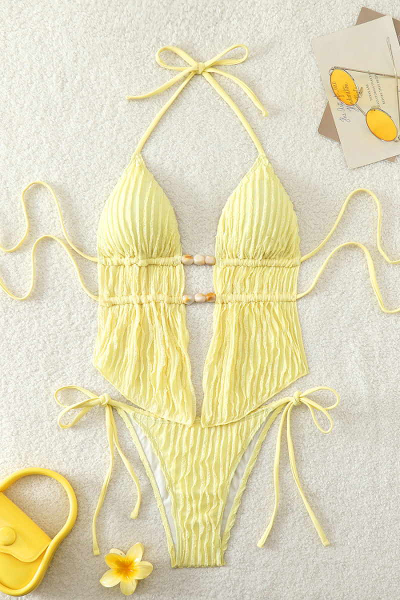 Women's Textured Halter Deep V Drawstring Bikini Set