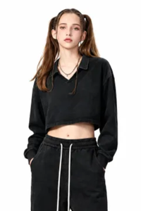 Women's  Fall 100% Cotton Collared V-Neck Crop Sweatshirt