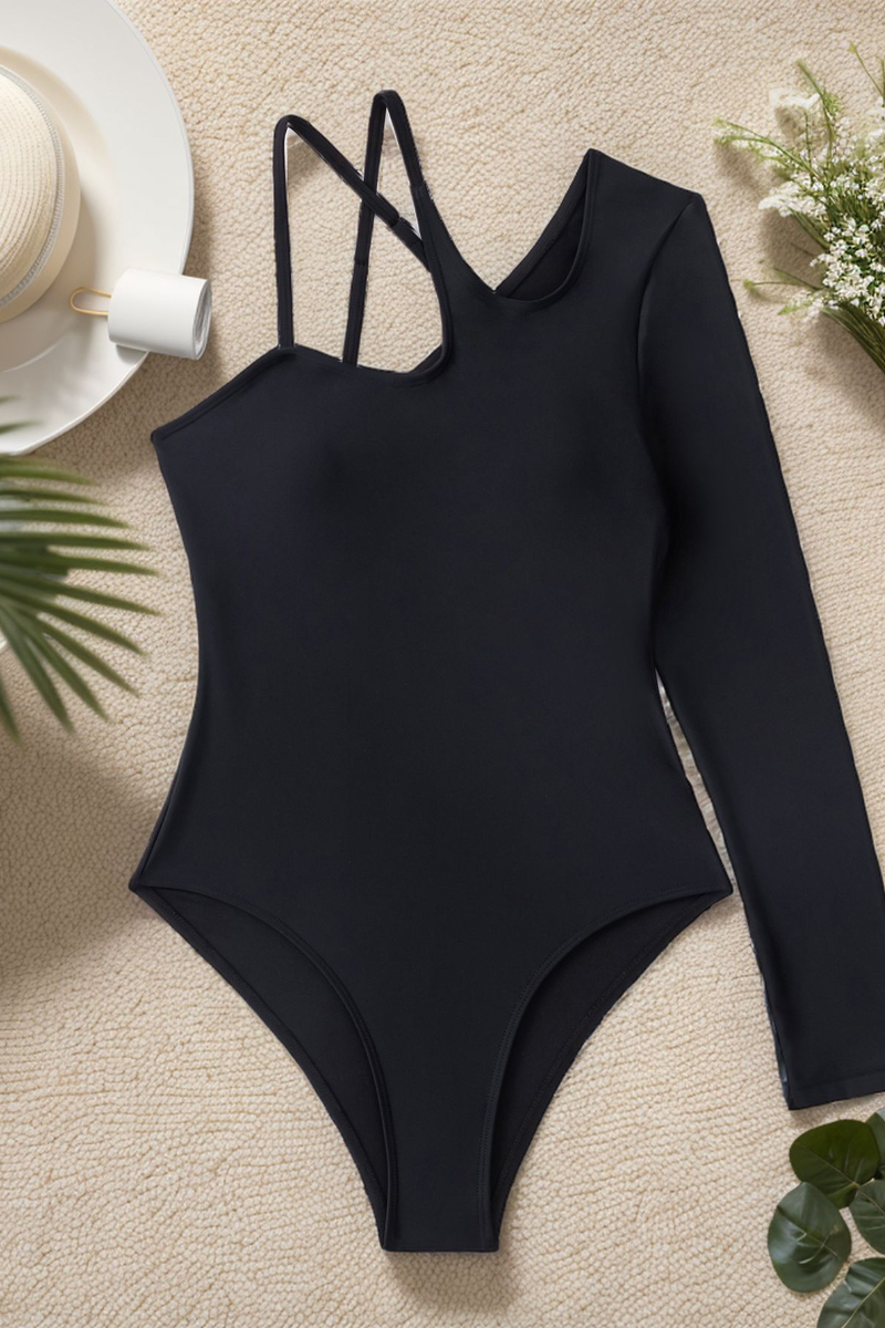 Women's One Shoulder Asymmetric Long Sleeve Swimsuit