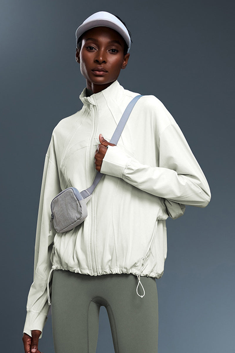 Women Windproof Stand-Collar Loose-Fit Adjustable Hem Workout Jacket