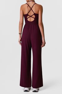 Women's Sports Halter Cross Back Wide Leg Yoga Jumpsuit