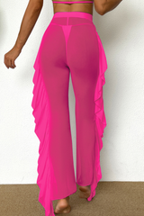 Women's High Waisted Sheer Mesh Ruffle Wide Leg Beach Pants