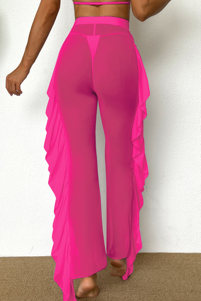 Women's High Waisted Sheer Mesh Ruffle Wide Leg Beach Pants