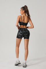 Women Gold Foil Fabric Sports Bras + Yoga Sports Shorts