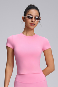 Women's Summer Solid Slim Fitted Cropped Athletic Yoga Tee