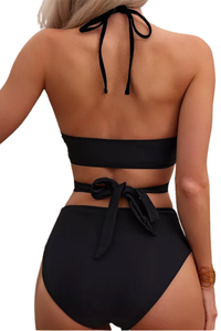 Women's Halter Back Bow High Waist Bikini Set - Solid