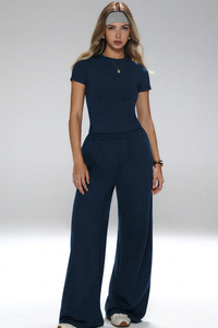 Short-sleeved top paired with wide-leg pants set