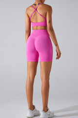 Women's Cross Back Bra And Pleated Buttocks Lift Shorts