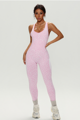 Women's Athletic Leopard-Print U-neck Cross Back Jumpsuit