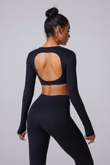 Women'S Brushed Skinny Deep V Backless Open Waist Short Sports Long Sleeves