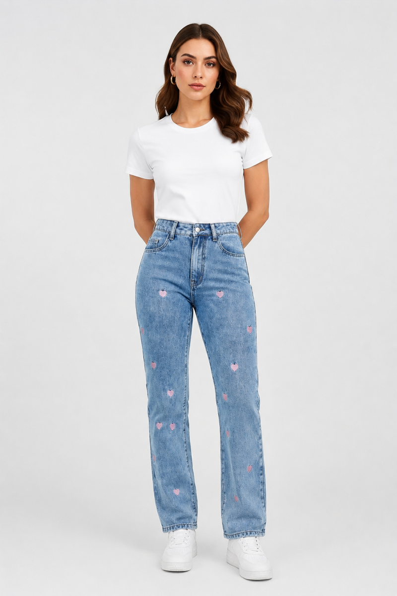 Women's Pink Heart Embroidered Straight Leg Jeans