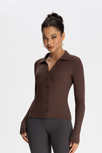 Women Modal Henley Collar Button Down Slim Fit Long Sleeve Yoga Top