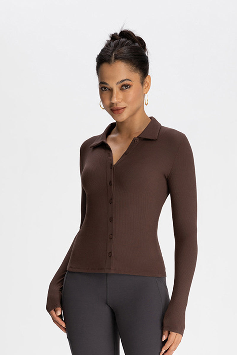 Women Modal Henley Collar Button Down Slim Fit Long Sleeve Yoga Top