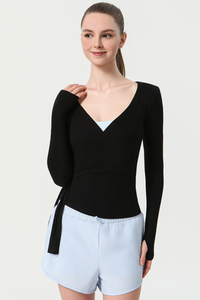 Sexy V-Neck Yoga Top with Drawstring Waist - Slim-Fit Long Sleeve Workout Shirt for Women, Breathable Fitness Tee