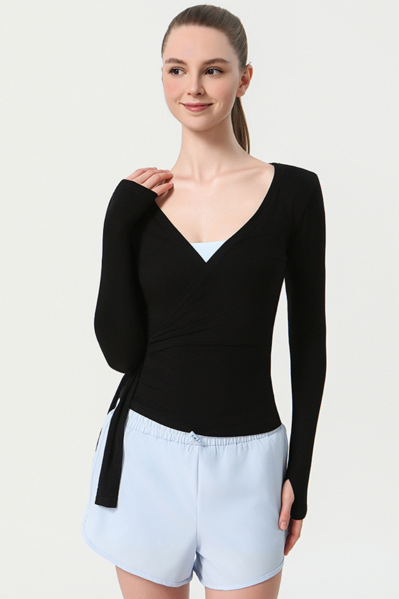 Sexy V-Neck Yoga Top with Drawstring Waist - Slim-Fit Long Sleeve Workout Shirt for Women, Breathable Fitness Tee