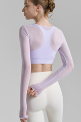 Women's Mesh Fake Two Piece Pleated Long Sleeve Yoga Top