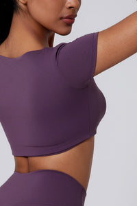 Women Square Neck Crop Removable-Pad Pleated Sculpting Workout Short Sleeve