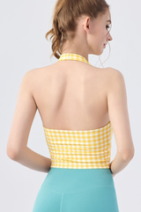 Women's Gingham Halter V-Neck Yoga Tank Top