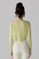 Women's V-Neck Sheer Cropped Long Sleeve Yoga Cover-Up