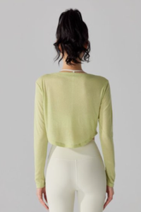 Women's V-Neck Sheer Cropped Long Sleeve Yoga Cover-Up