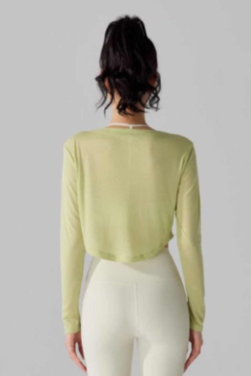 Women's V-Neck Sheer Cropped Long Sleeve Yoga Cover-Up