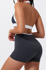 Women's Color-Block Halter Sports Bra & Cross-Waist Shorts Set