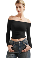 Women's Off-Shoulder Slim Fit Cropped Long-Sleeve Top