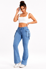 Women's High Waist Stretch Flare Cargo Jeans
