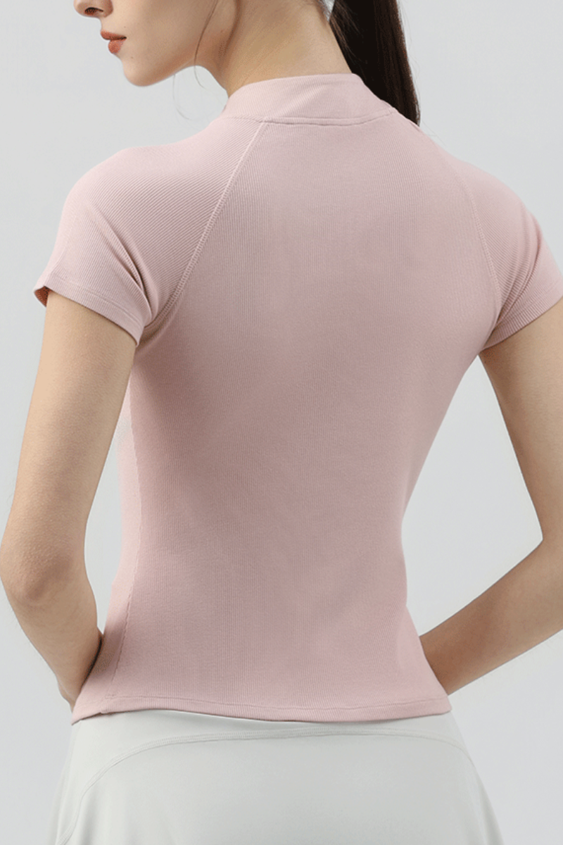 Women's Half Zip Stand Collar Slim Fit Short Sleeve Top