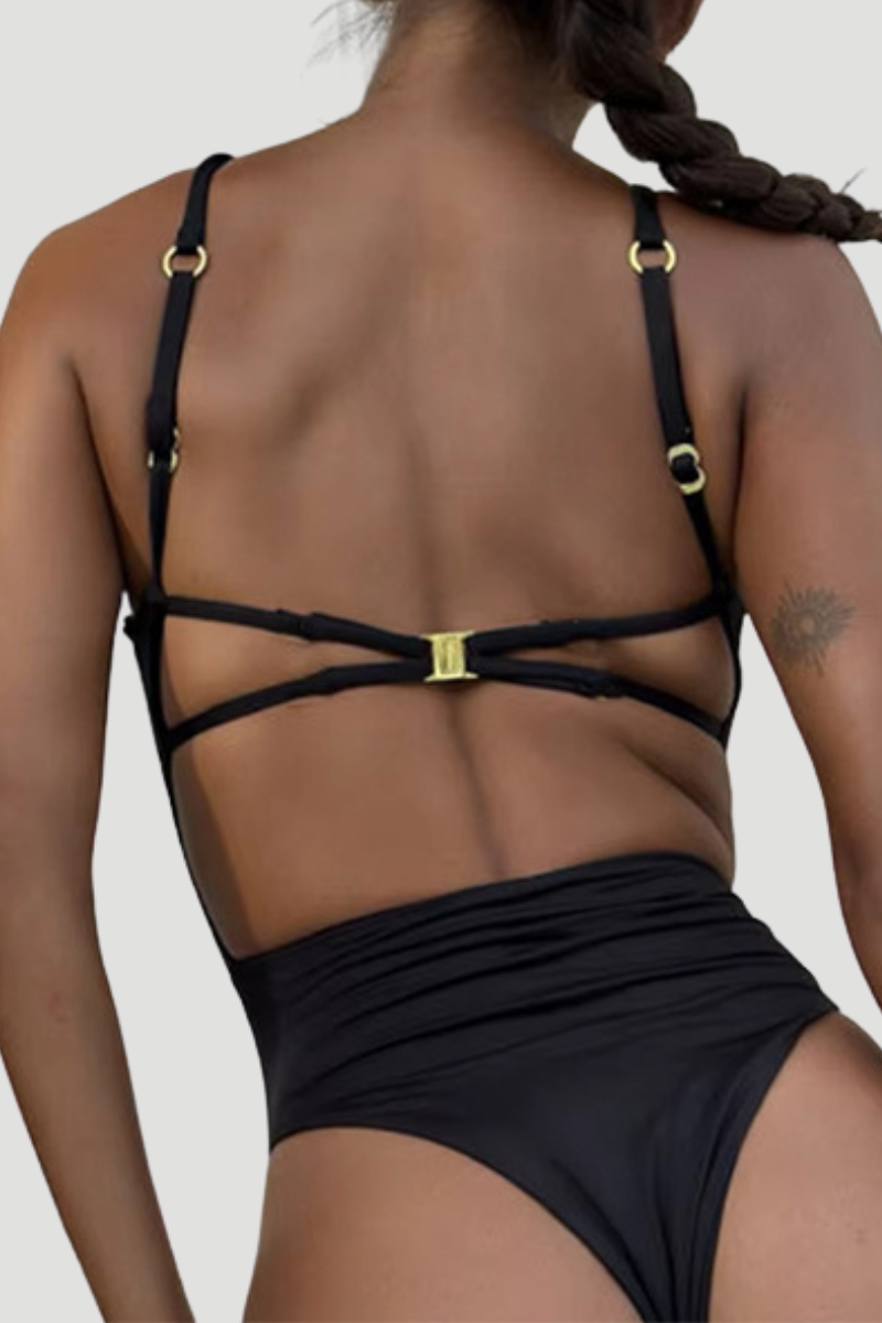 Women's Metal Ring Halter Suit - High Cut Solid One Piece