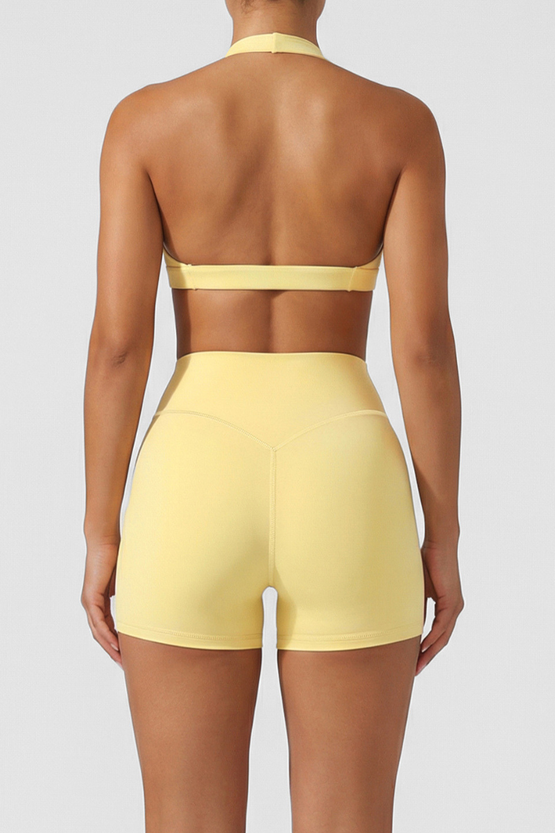 Women's Solid Sets:Twist Halter Bra And High Waist Shorts