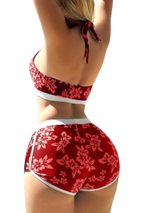 Women's Tropical Halter Deep V High Waist Shorts Bikini Set