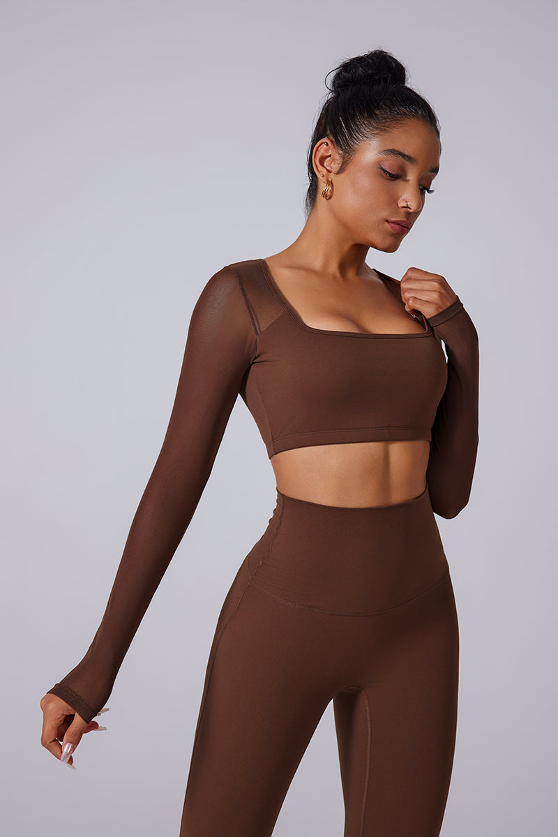 Women'S Square Neckline Mesh Shows The Navel Back Pleated Athletic Long Sleeves