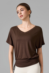 Women's V Neck Batwing Sleeve Side Drawstring Loose Fit Top