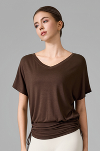 Women's V Neck Batwing Sleeve Side Drawstring Loose Fit Top