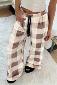 Women's Winter Plaid Coral Fleece Drawstring Wide Leg Pants