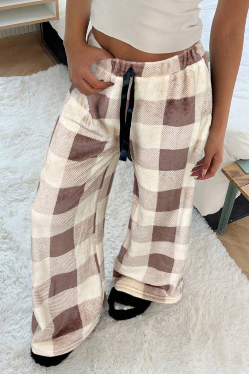 Women's Winter Plaid Coral Fleece Drawstring Wide Leg Pants