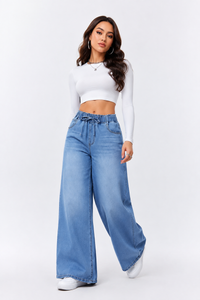 Women's Fall Drawstring Elastic Waist Wide Leg Jeans
