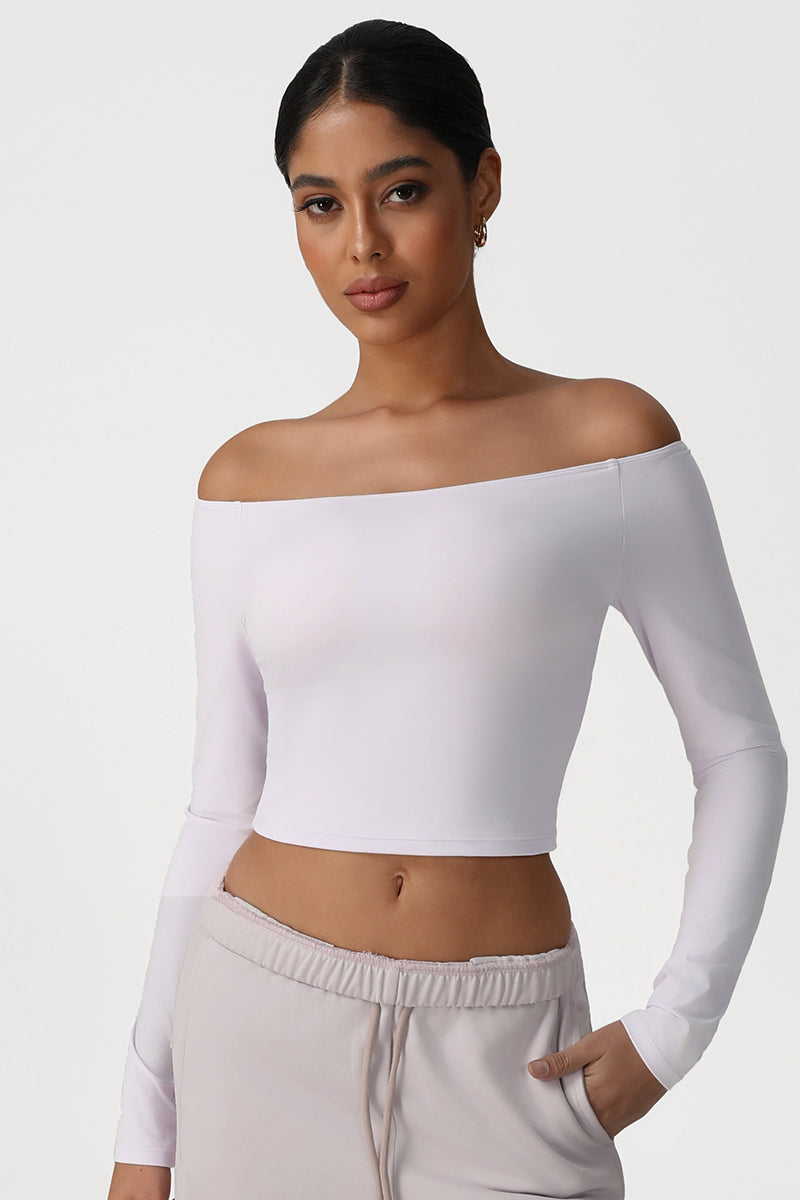 Women Off-Shoulder High-Stretch Yoga Fitness Long Sleeve Top