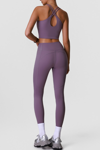Women's Sports Sets:Cross Back Bra And Side Pocket Leggings