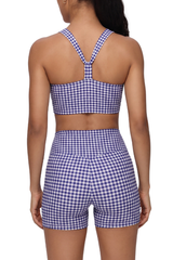 Women's Athletic Plaid Print Y-Back Bra And Shorts Yoga Set