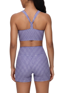 Women's Athletic Plaid Print Y-Back Bra And Shorts Yoga Set