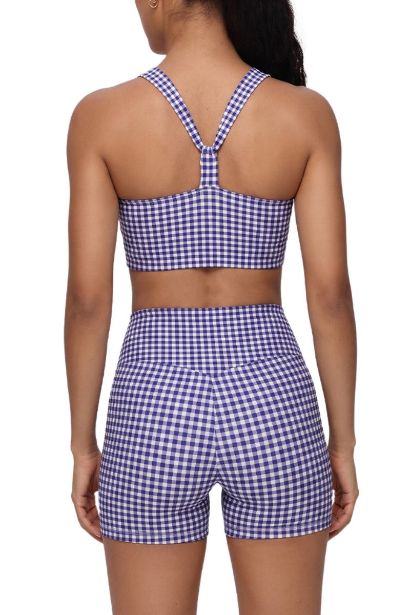 Women's Athletic Plaid Print Y-Back Bra And Shorts Yoga Set