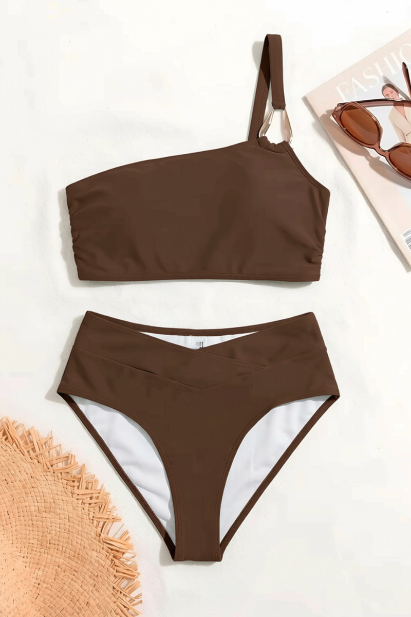 Women's One Shoulder Crossover Waist Metal Ring Bikini Sets