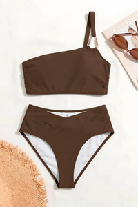 Women's One Shoulder Crossover Waist Metal Ring Bikini Sets