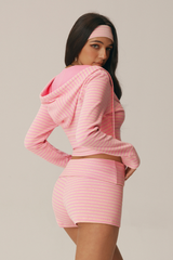 Women's Striped Hooded Zip Crop Jacket & High Waist Shorts